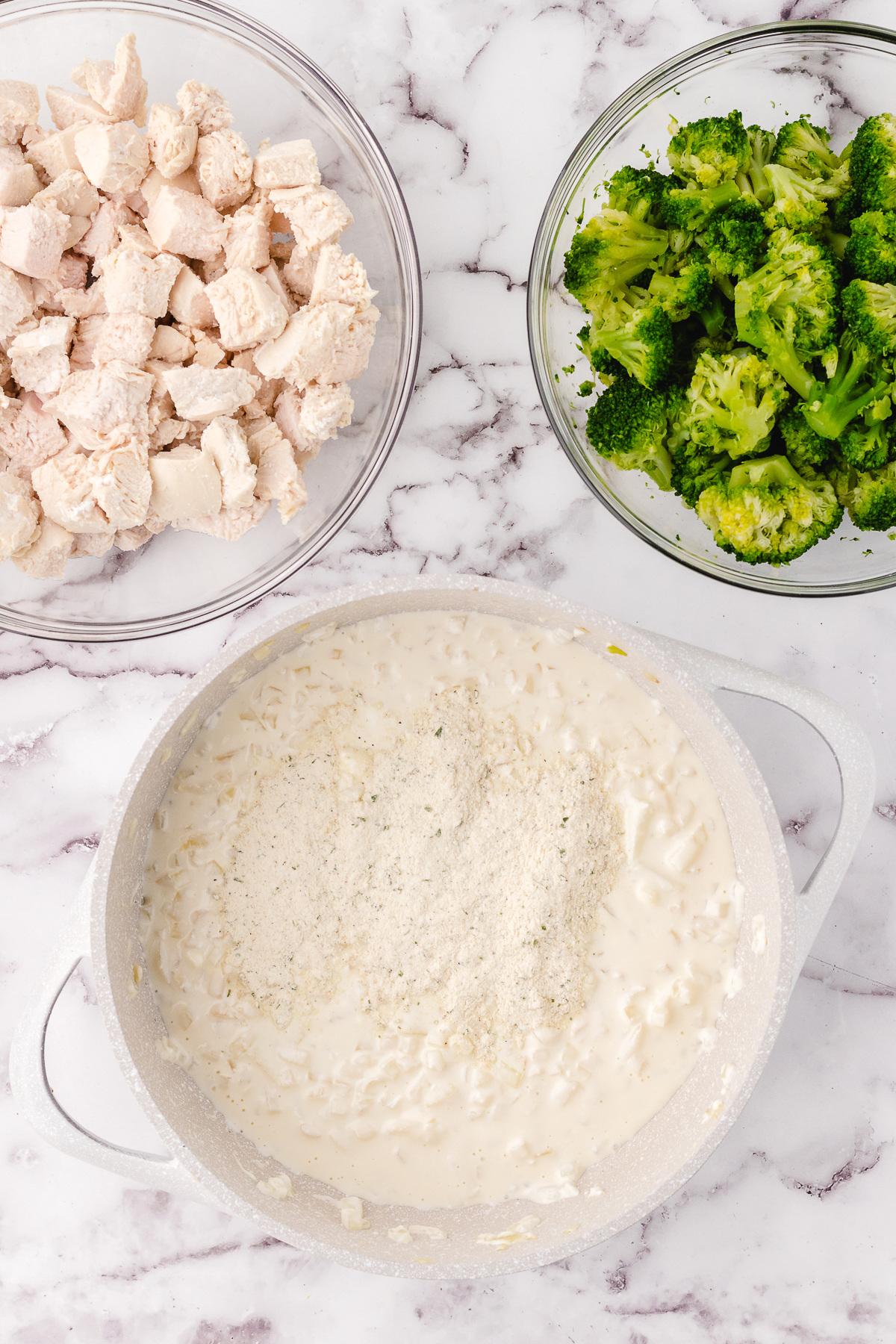 combining the cream cheese ranch dressing ingredients before adding the chicken and broccoli