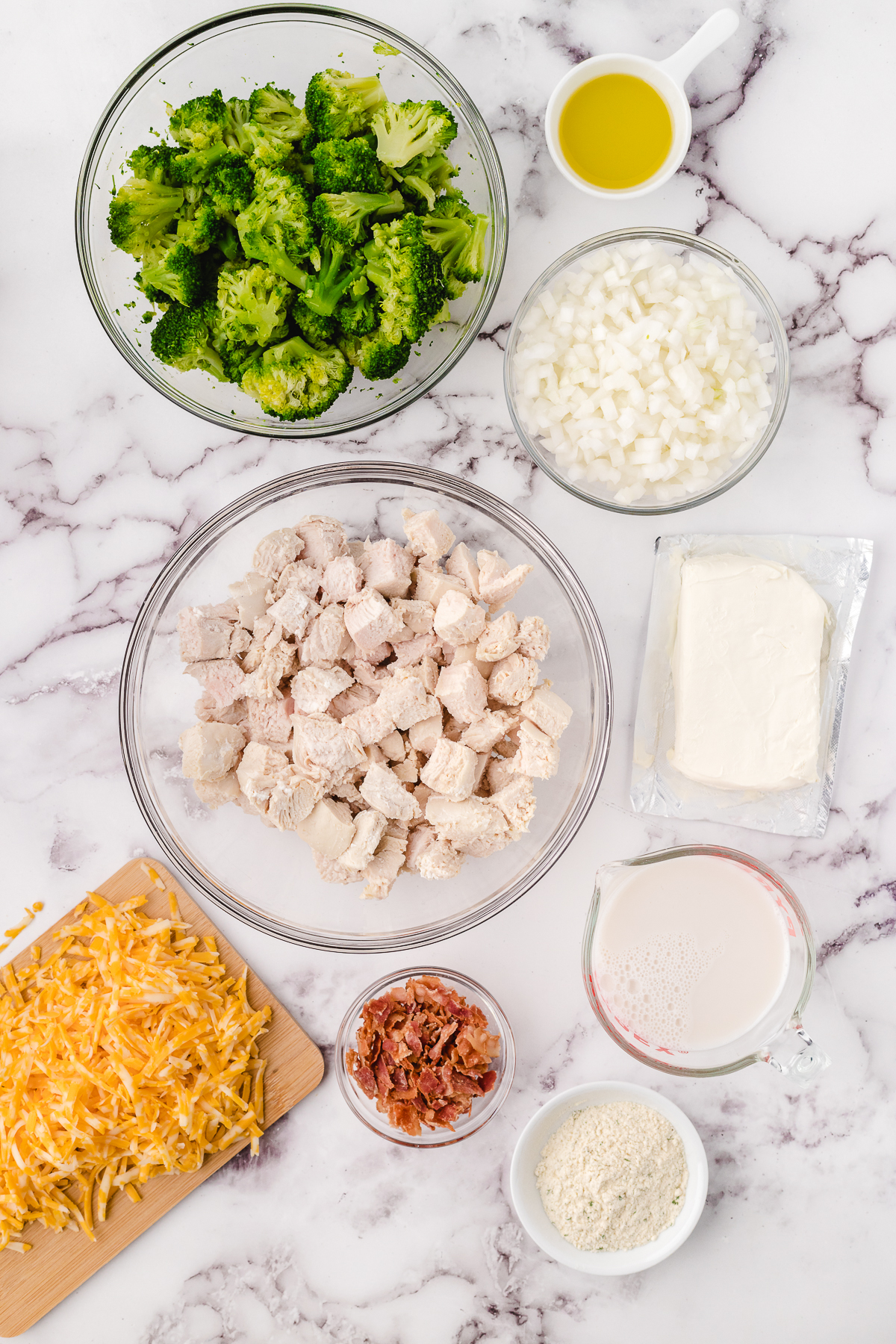 image of ingredients needed for the chicken bacon ranch casserole recipe