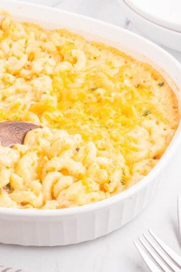 close up of old fashioned mac and cheese being spooned out of casserole dish