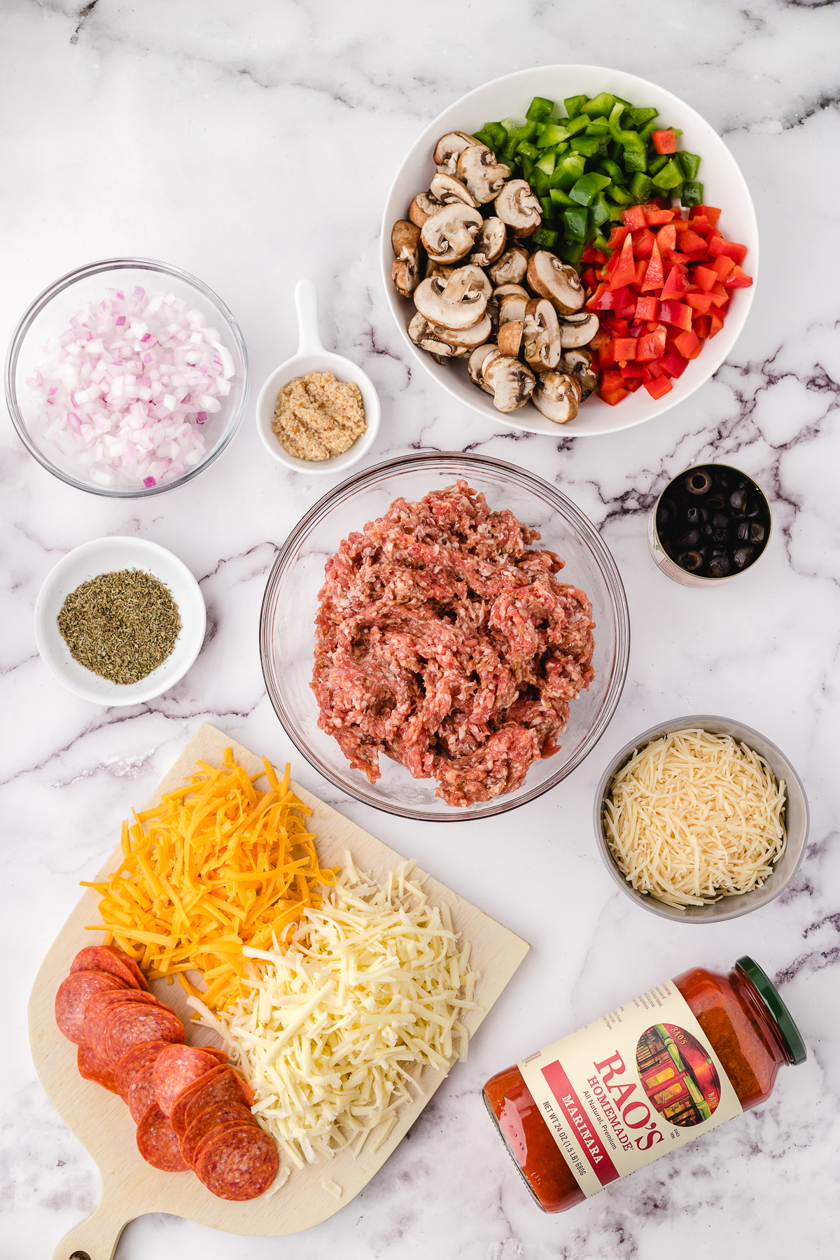 A picture of the ingredients needed to make Old Fashioned Pizza Casserole on the counter.