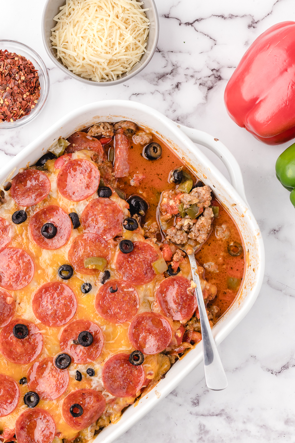 Cooked Old Fashioned Pizza Casserole being served.