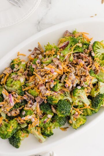 crunchy broccoli salad on a serving plate