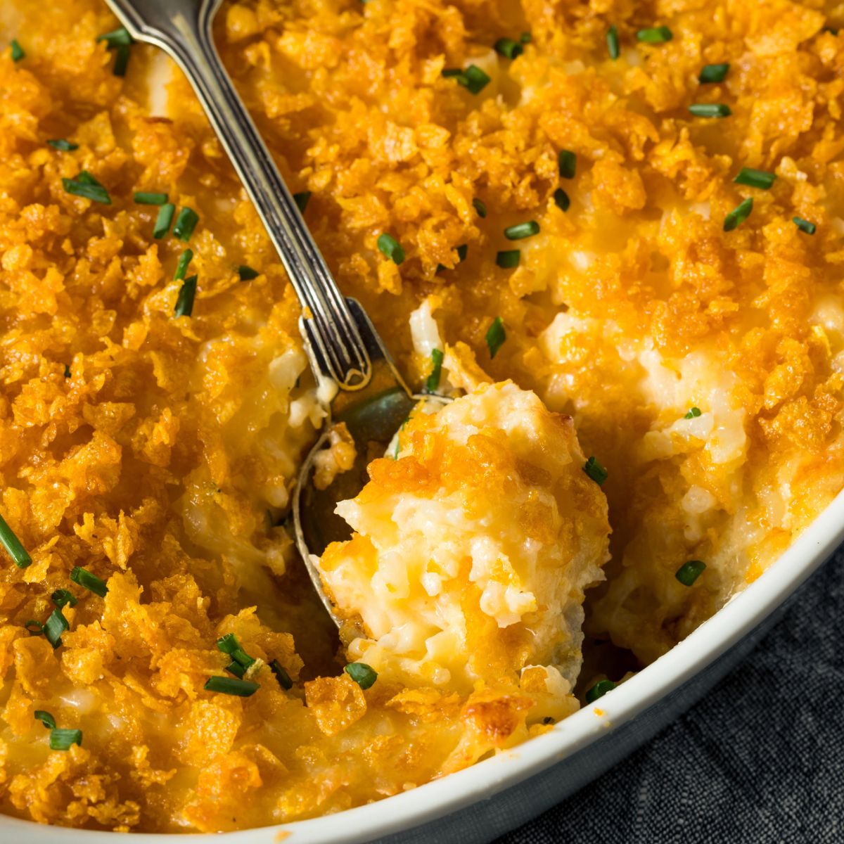 Cheesy Funeral Potatoes with Corn Flakes
