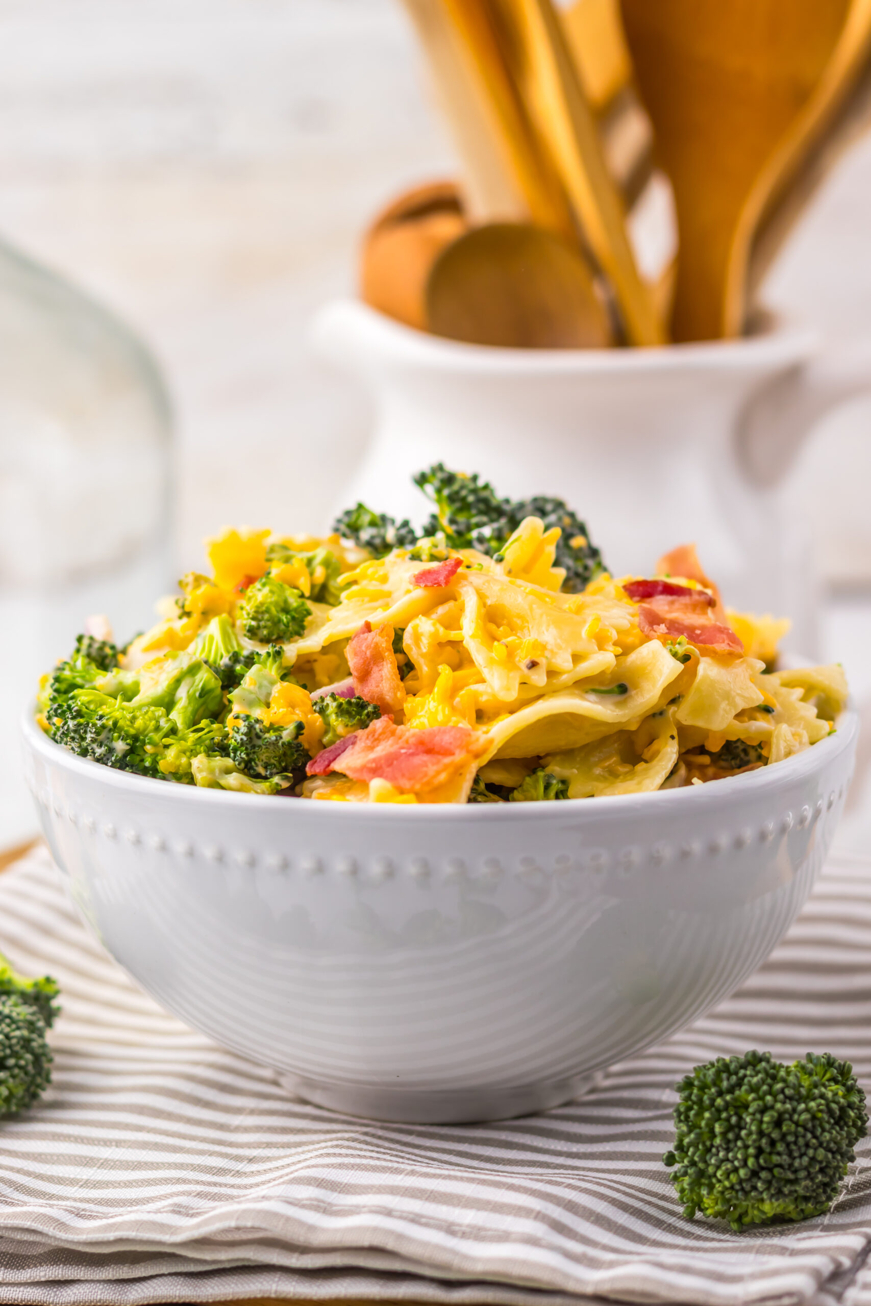 bowl of broccoli cheddar pasta salad