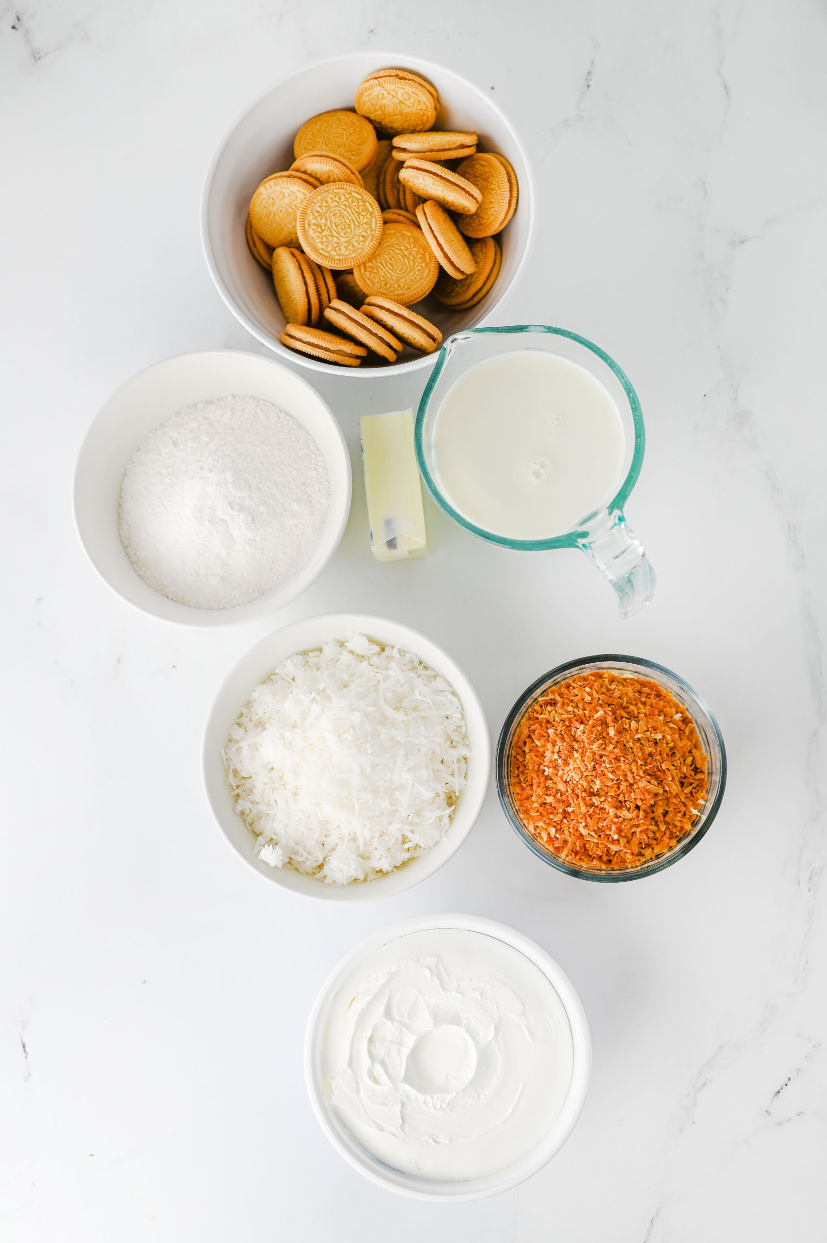Ingredients needed for the no bake coconut cream pie.