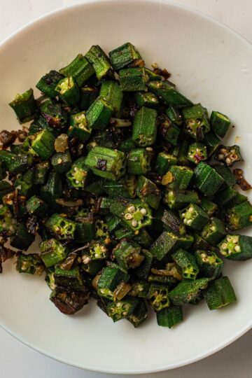 Old Fashioned Pan Fried Okra On White Plate