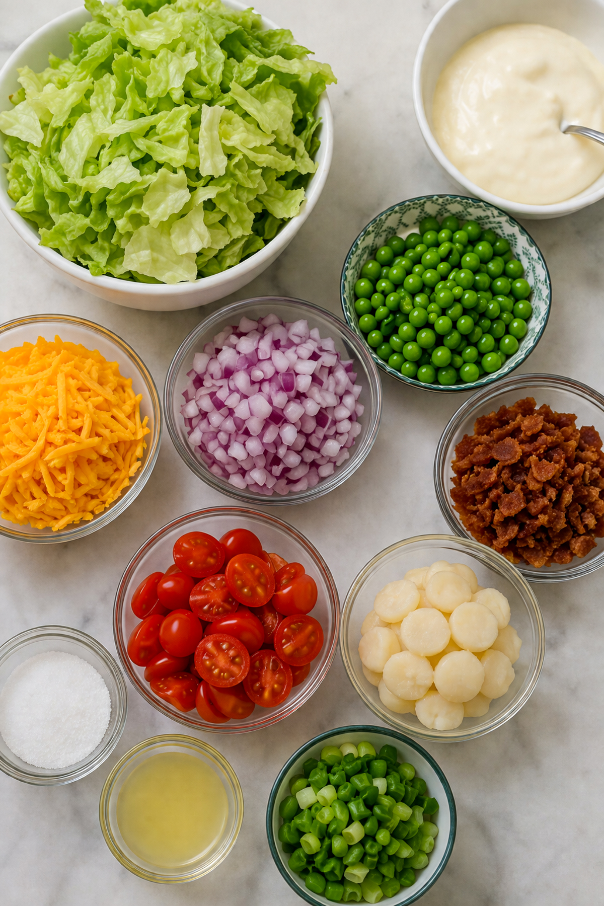 Ingredients needed for old fashioned 7 layer salad.
