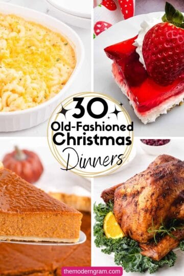Collage of 30 old-fashioned Christmas dinner recipes featuring traditional holiday roasts, classic side dishes, and timeless festive favorites.