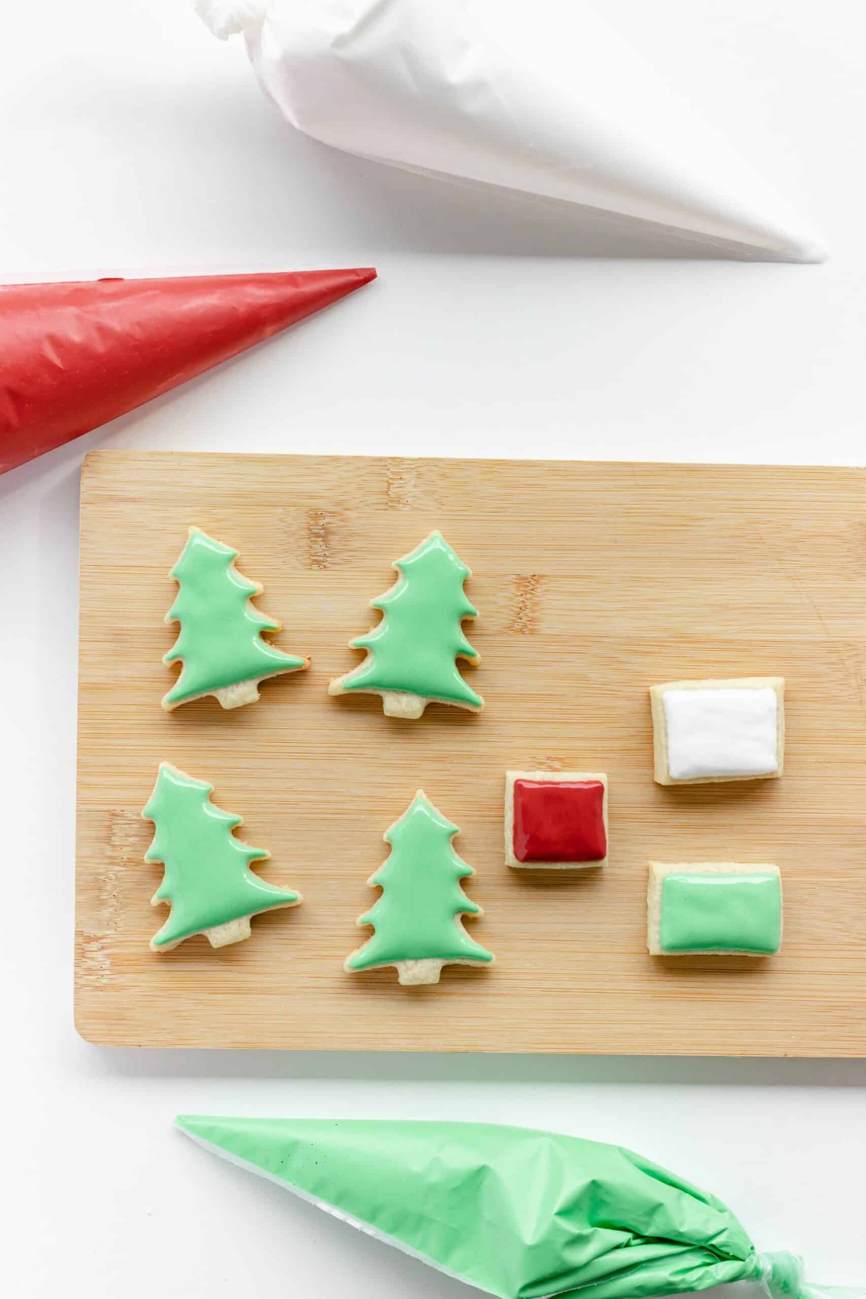 Butter cookies iced with red, green and white royal icing