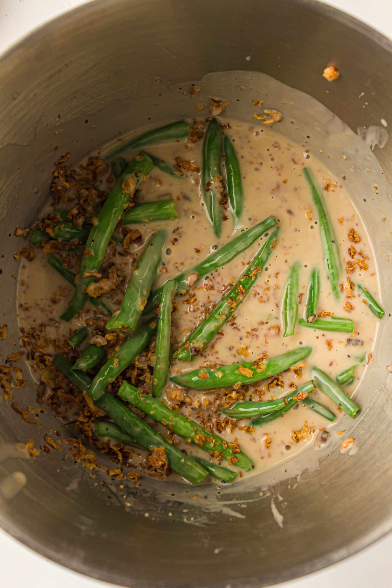 Green beans and fried onions stirred into the creamy mushroom sauce.