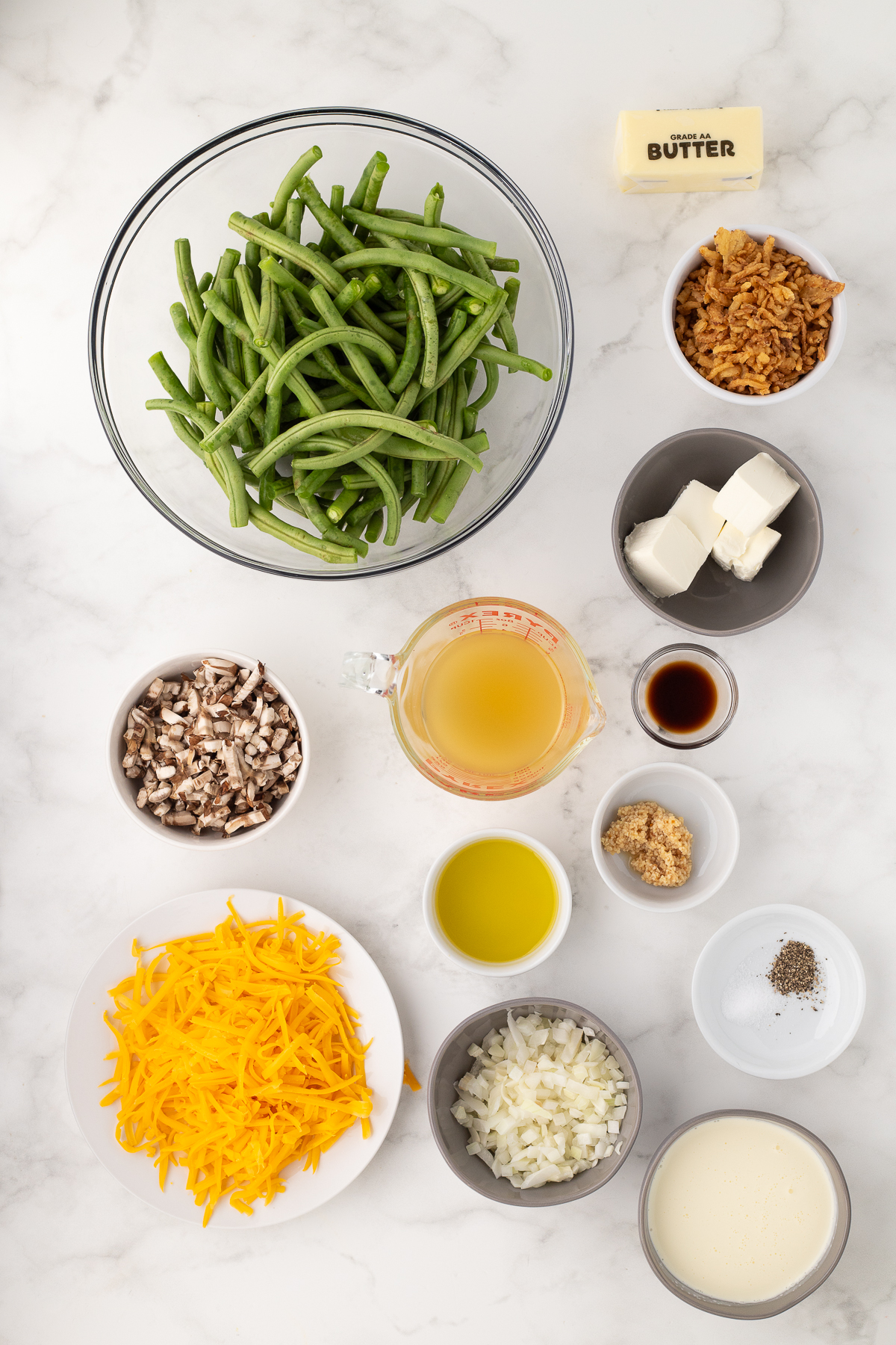 ingredients for Old fashioned homemade green bean casserole with crispy fried onions