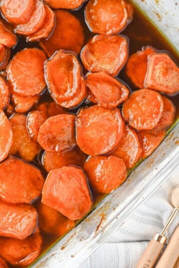 Old fashioned candied sweet potatoes baked in a buttery brown sugar glaze.