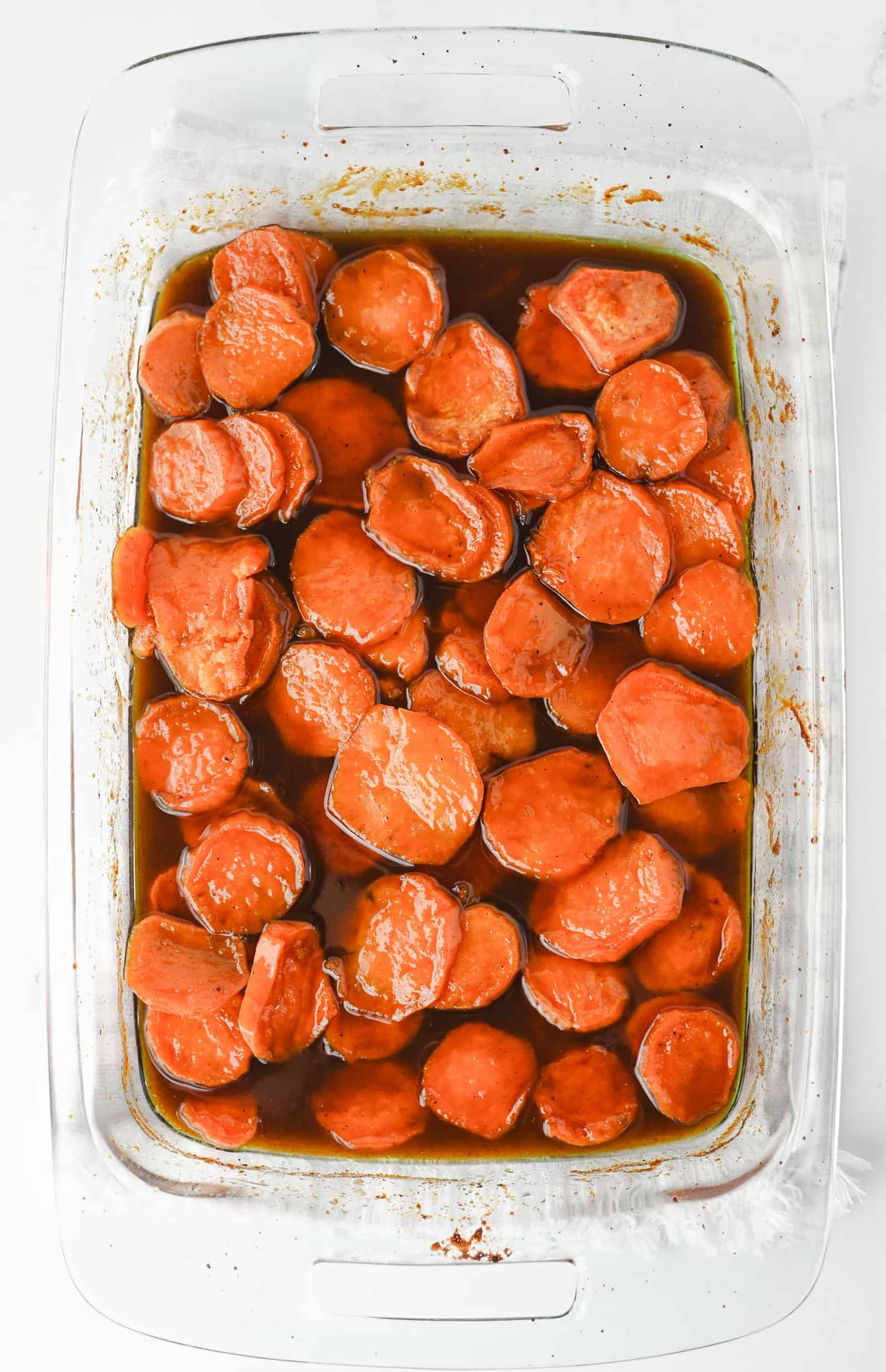 Baked old fashioned candied sweet potatoes, glossy and tender.