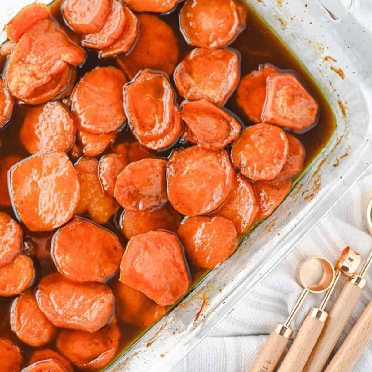 Old fashioned candied sweet potatoes baked in a buttery brown sugar glaze.