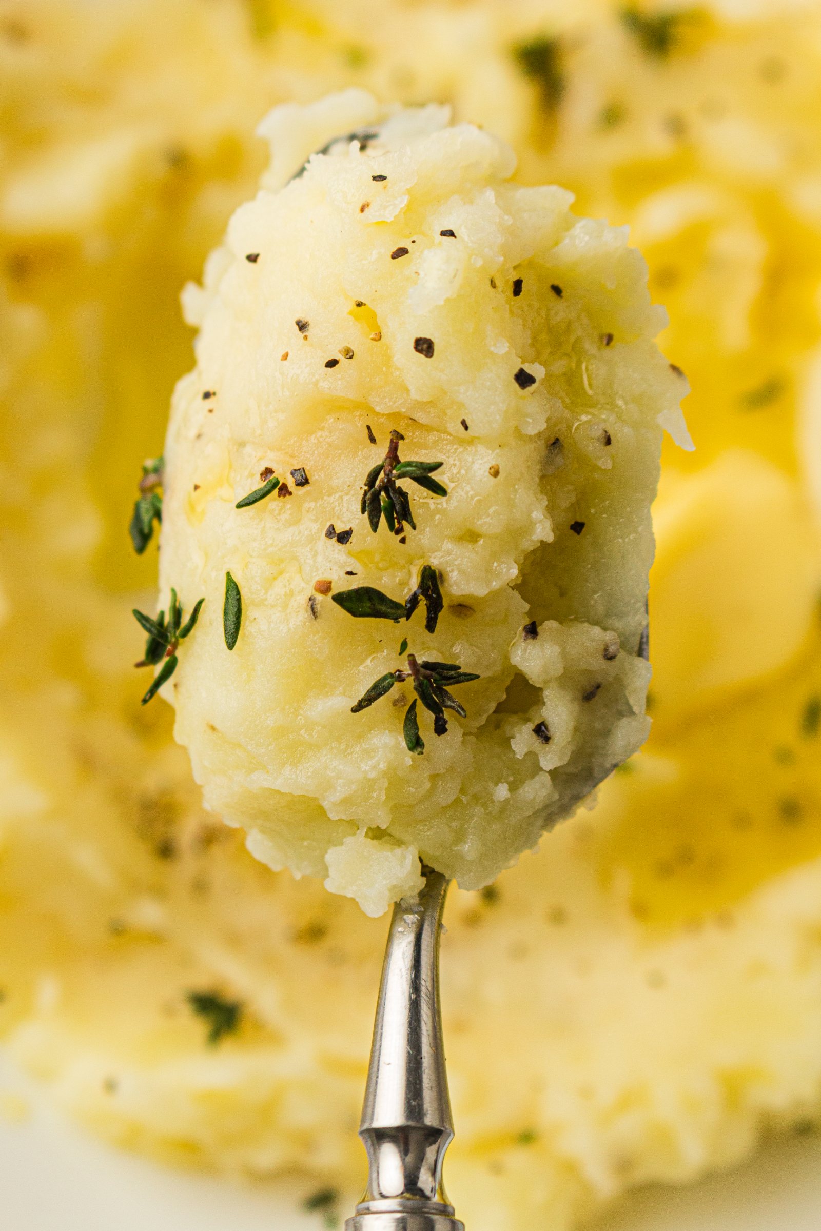 Spoonful of creamy old fashioned mashed potatoes with herbs.