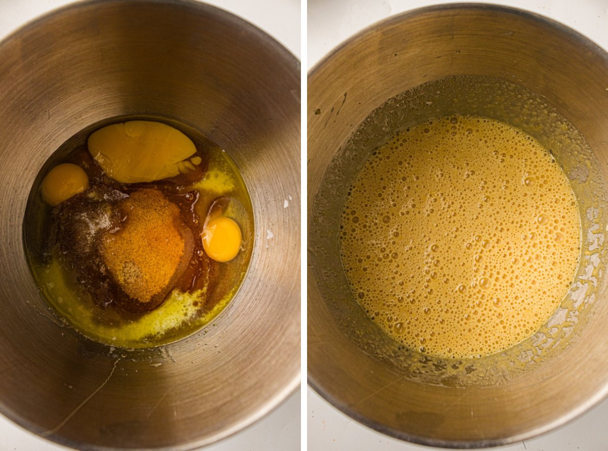 Eggs, brown sugar, corn syrup and melted butter in a bowl, then whisked into a smooth pecan pie filling.