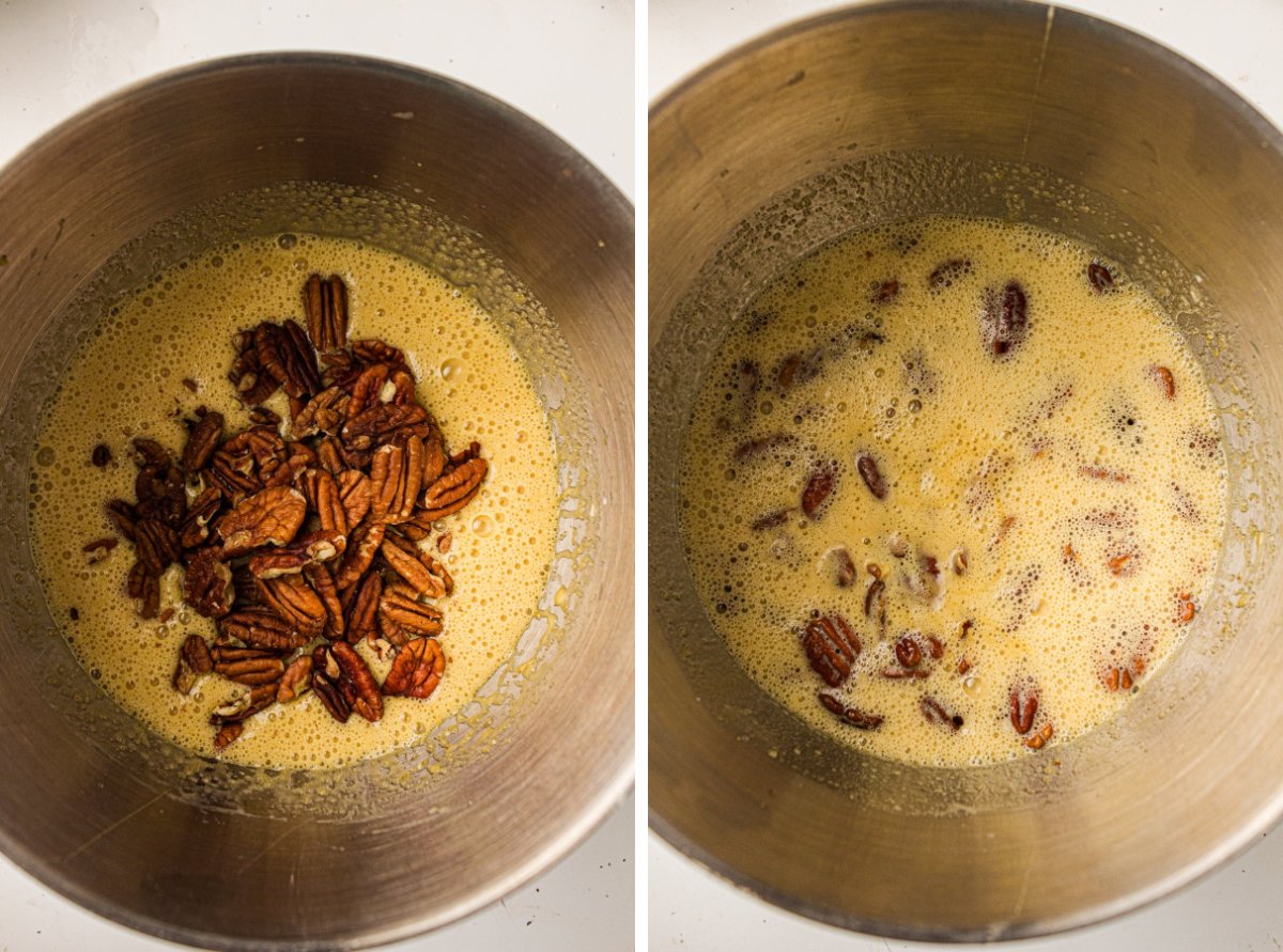 Pecans added to the brown sugar filling, then stirred until coated.
