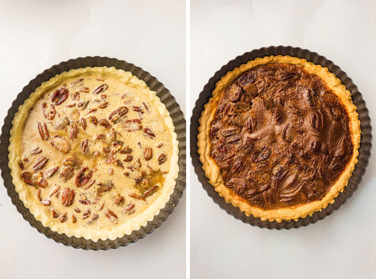 Pecan pie filling poured into the crust before baking, and the golden baked pecan pie.