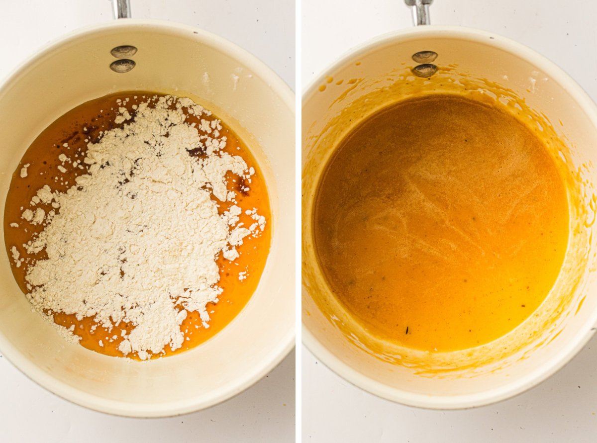 Flour sprinkled over turkey fat in a saucepan, then whisked into a smooth roux.