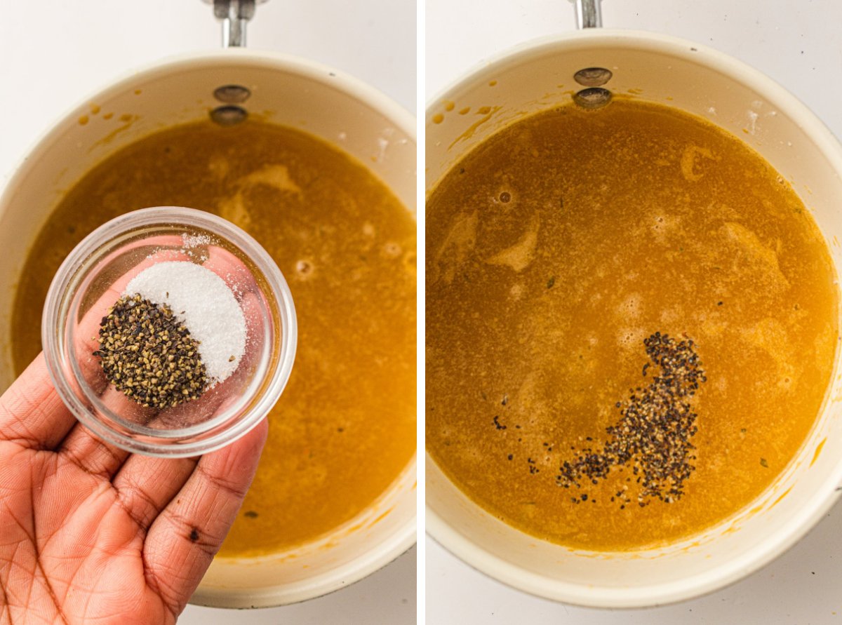 Salt and pepper being added to simmered turkey gravy in a saucepan.